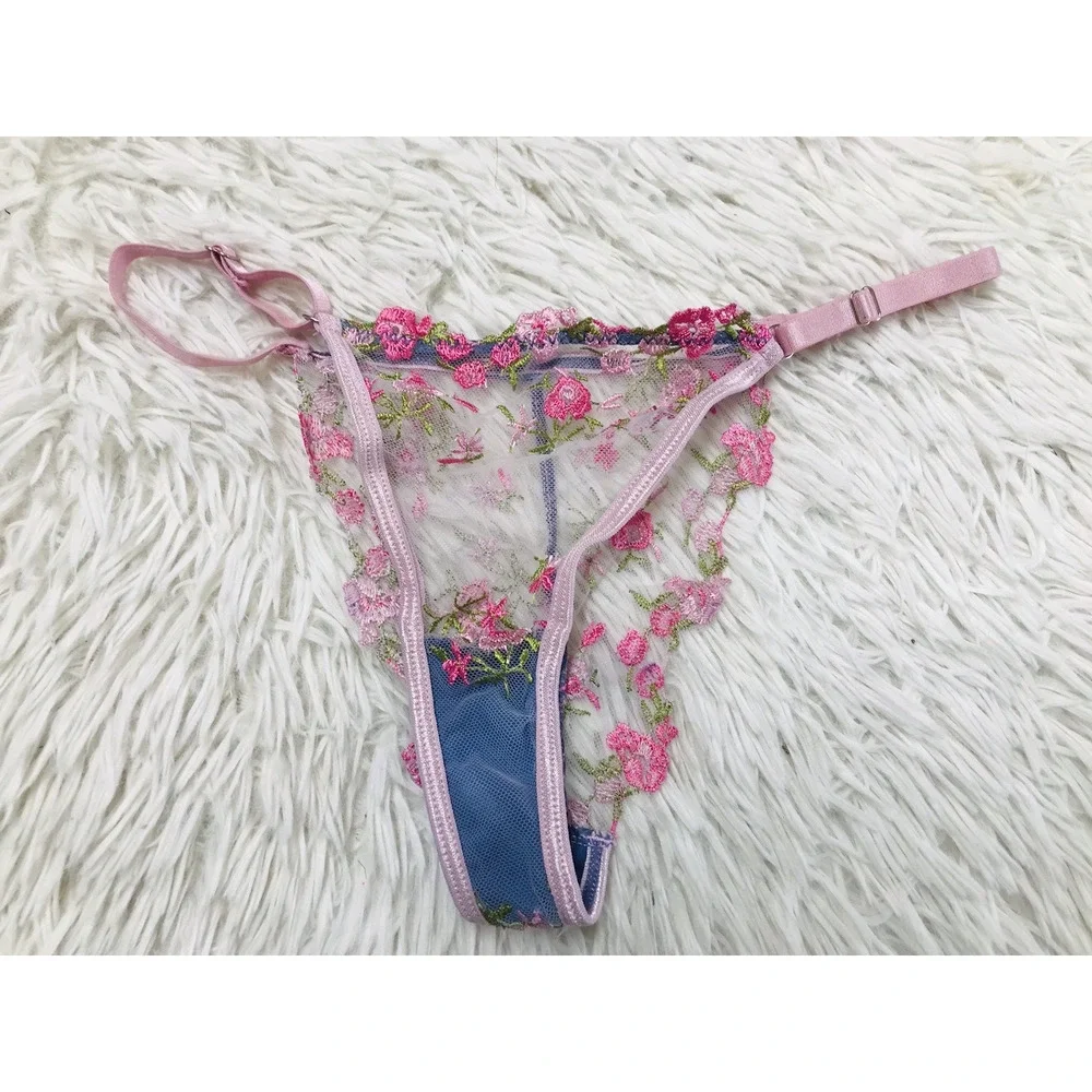 Multicolor Pink Thong Panty M MEDIUM Strappy Mesh Floral NWOT